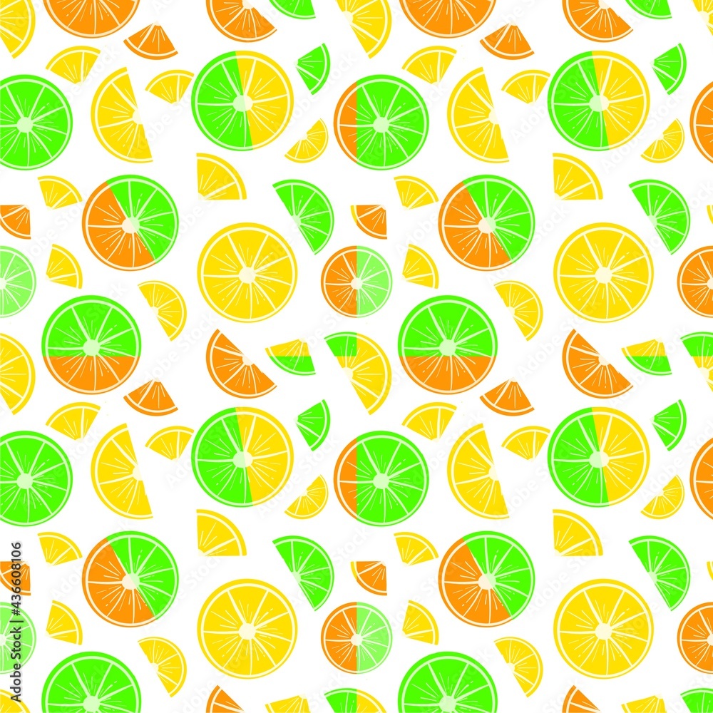 Seamless pattern of colorful citrus slices. Hand-drawn illustration with curved lines in doodle style.Ready design for clothing, fabric and other items.