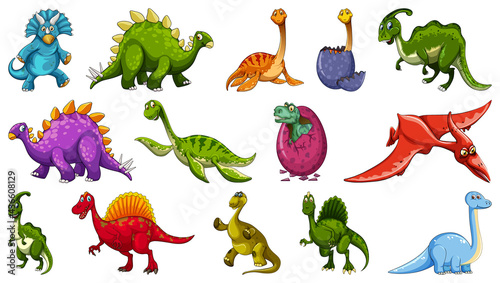 Set of different dinosaur cartoon character isolated on white background
