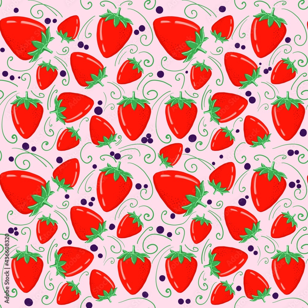 A hand-drawn image of a strawberry. A seamless nature pattern with a food theme. Ready design for fabric, paper and other objects.