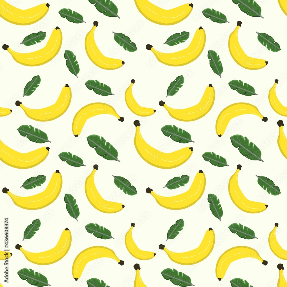 Seamless pattern of bananas and leaves on colored background. The illustration is hand-drawn. Design for clothing fabric, paper and other objects. Digital illustration. Seamless pattern of bananas and leaves on colored background. The illustration is hand-drawn. Design for clothing fabric, paper and other objects. Digital illustration.