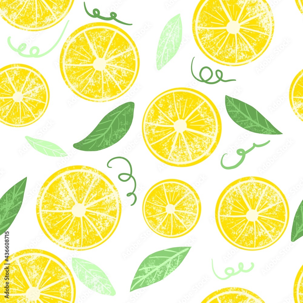 A seamless pattern of lemon slices. Hand-drawn illustration with curved lines in doodle style.Ready design for clothing, fabric and other items.