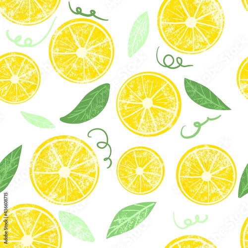 A seamless pattern of lemon slices. Hand-drawn illustration with curved lines in doodle style.Ready design for clothing, fabric and other items.