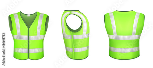 Green safety vest with reflective stripes, uniform for road workers, construction works or drivers. Vector realistic 3d waistcoat with reflectors in front side back view isolated on white background.