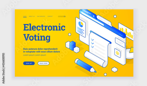 Vector illustration of website with ballot depicted near description and link button on banner for convenient electronic voting service. Isometric web banner, landing page template