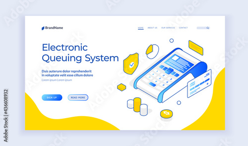 Modern vector template of web page with terminal and money icons on white background with space for text about electronic queuing system. Isometric web banner, landing page template