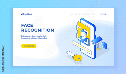 Vector illustration of contemporary smartphone with modern face recognition application and password on banner for device security service website. Isometric web banner, landing page template