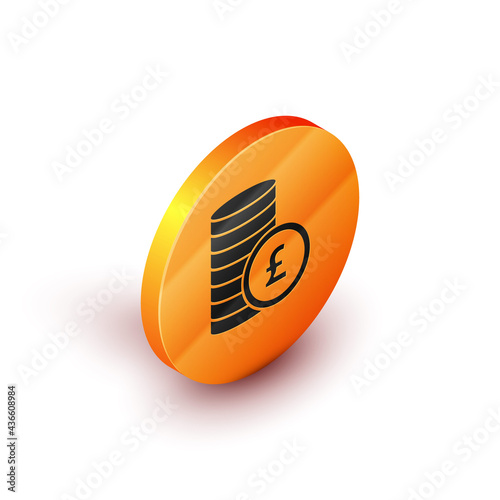 Isometric Coin money with pound sterling symbol icon isolated on white background. Banking currency sign. Cash symbol. Orange circle button. Vector