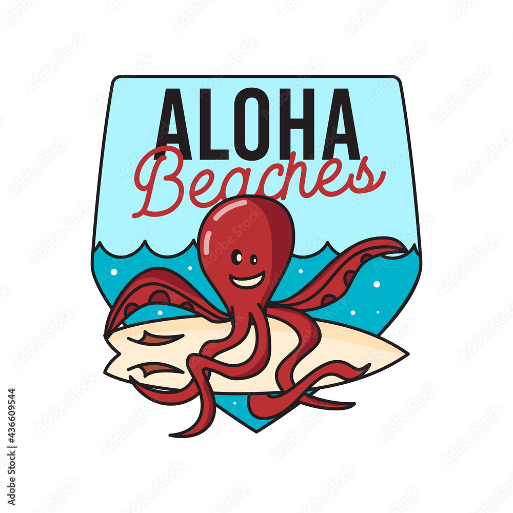 Obraz premium Vector illustration of octopus with surfboard in sea