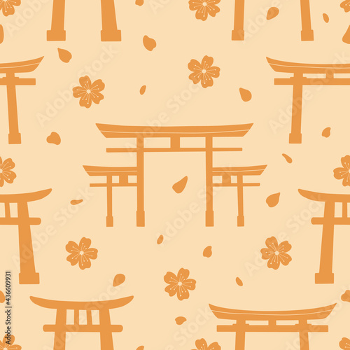 Modern Torii gates seamless pattern. Tori (Torii) gates hand drawn print for seamless background. Trendy retro asian ornament for paper, fabric, textile, clothes. Square oriental culture japan vector.