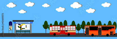 vector Thailand bus with the bus stop in Bangkok city illustration 