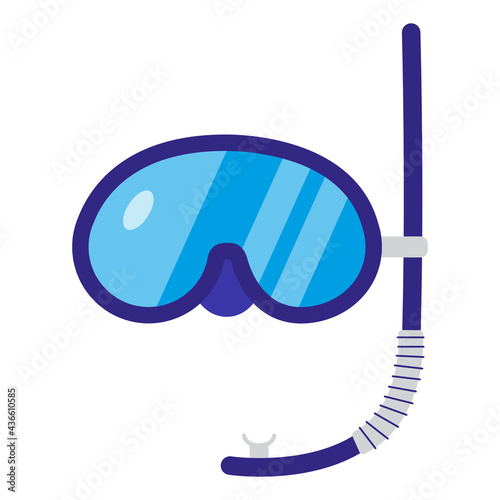 Blue scuba diving mask isolated on white background. Vector illustration of plastic goggles with snorkel.