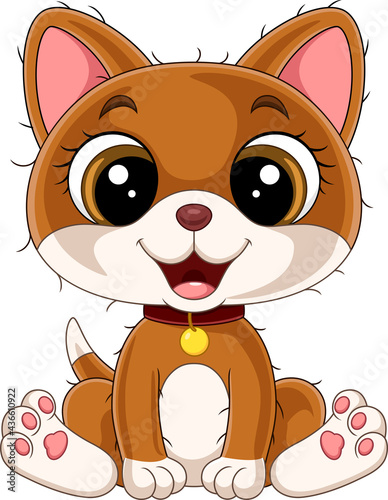 Cartoon funny kitten in red collar sitting