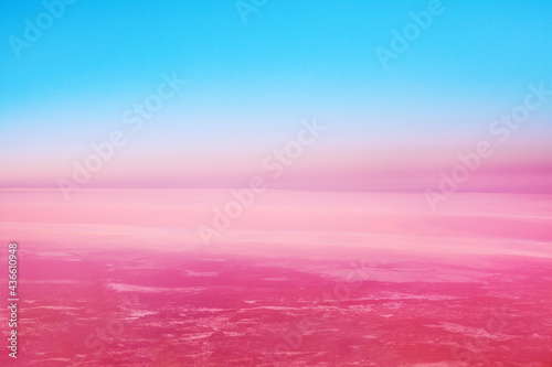 Blue sky, pink red clouds background, colorful sunrise, sunset landscape, pink cosmic planet horizon, fantasy dawn in outer space, abstract cosmos backdrop, purple celestial view, atmospheric heaven