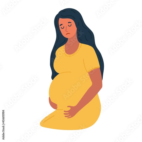 Sad young pregnant woman with long hair. Sad pregnant female character. Problems. Modern cartoon flat style.