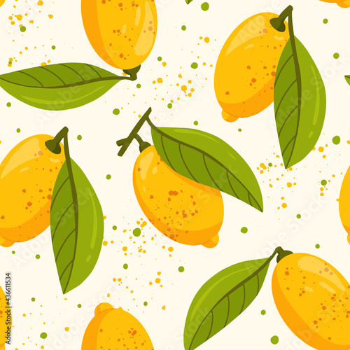 Seamless pattern with lemon fruits and green leaves isolated on white background. Fresh citrus. Exotical tropical plant.  Modern design for wrapping paper, print or textile. Flat vector illustration.