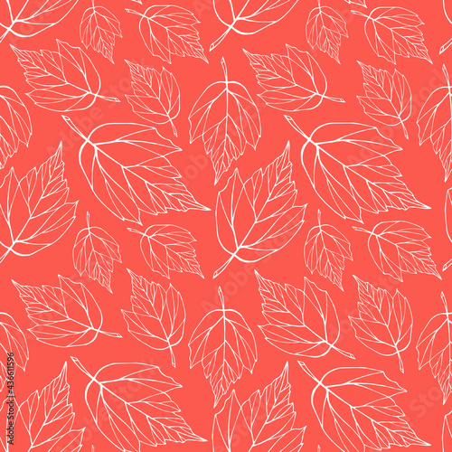 Falling leaves outline seamless pattern. Pink foliage boundless background. Red and white herbal endless texture. Leaves repeating surface design. Cute botanic backdrop.