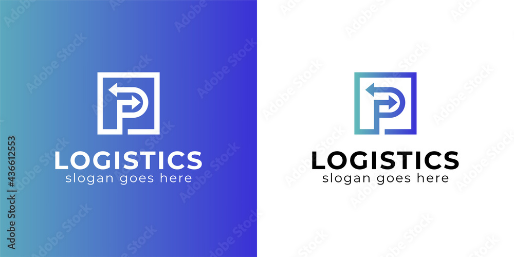 simple logo design of Letter P with arrow logo for your business. fast delivery logo. transport logistic logo template - obrazy, fototapety, plakaty 