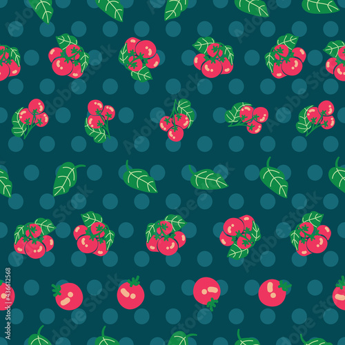 Cherry tomatos seamless pattern on turquoise background with polka dots