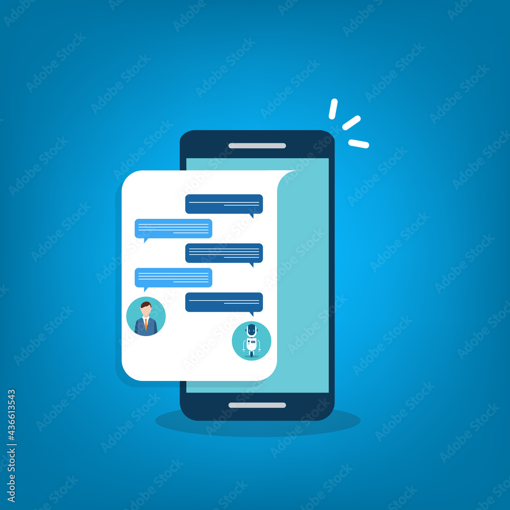 People use chat bot services, smart phone with virtual assistant. Concept of business development, sales increase, help service, customer service robot. Vector illustration People use chat bot services, smart phone with virtual assistant. Concept of business development, sales increase, help service, customer service robot. Vector illustration