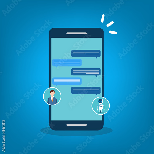 People use chat bot services, smart phone with virtual assistant. Concept of business development, sales increase, help service, customer service robot. Vector illustration