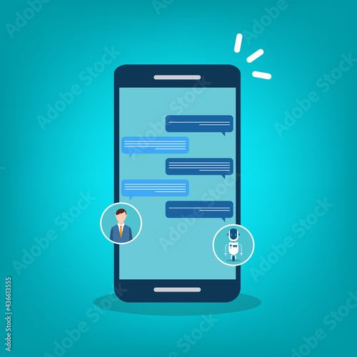 People use chat bot services, smart phone with virtual assistant. Concept of business development, sales increase, help service, customer service robot. Vector illustration