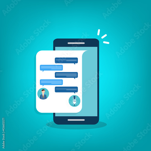People use chat bot services, smart phone with virtual assistant. Concept of business development, sales increase, help service, customer service robot. Vector illustration