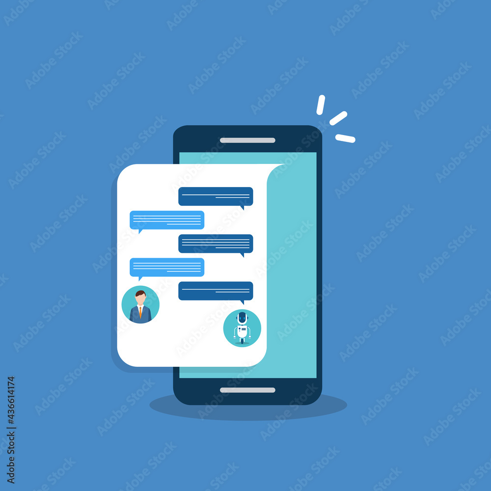 People use chat bot services, smart phone with virtual assistant. Concept of business development, sales increase, help service, customer service robot. Vector illustration 