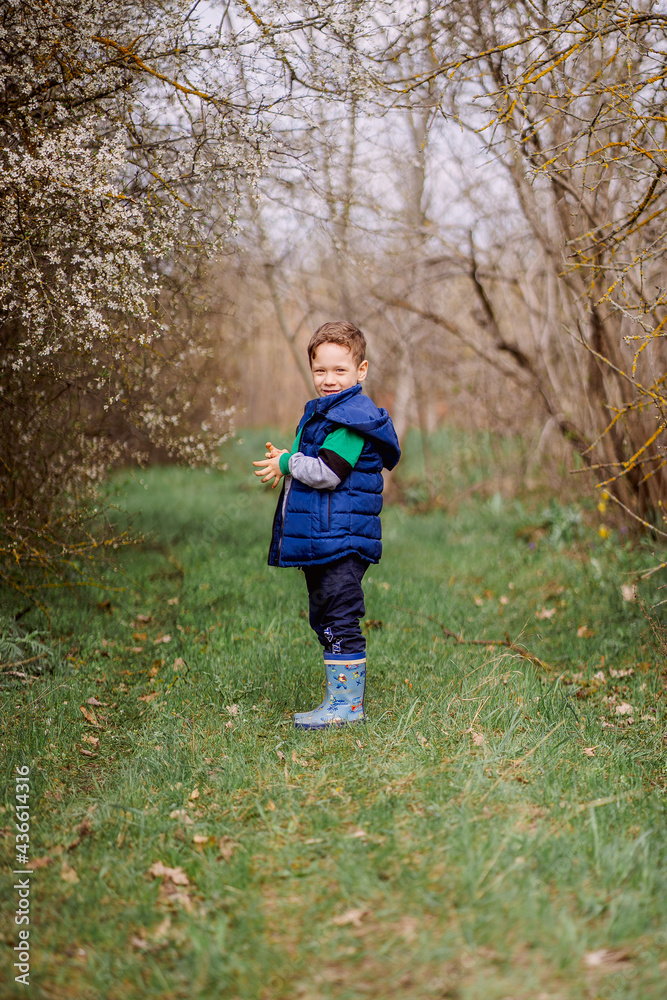 boy in flowering trees, child examines casting boy in flowering trees, child examines casting