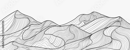 Black and white mountain line arts wallpaper, luxury landscape background design for cover, invitation background, packaging design, fabric, and print. Vector illustration.