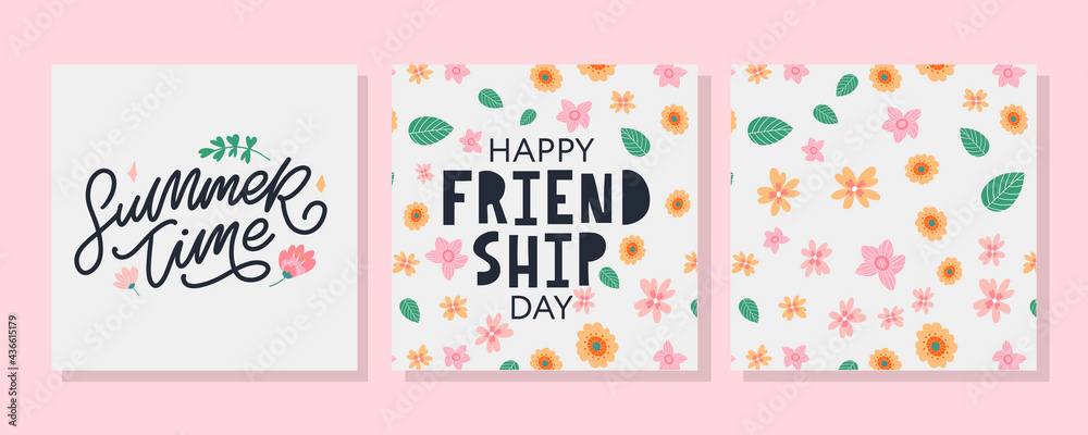 Happy Friendship Day Summer pattern flowers greeting card. For poster, flyer, banner for website template, cards, posters, logo. Vector illustration.