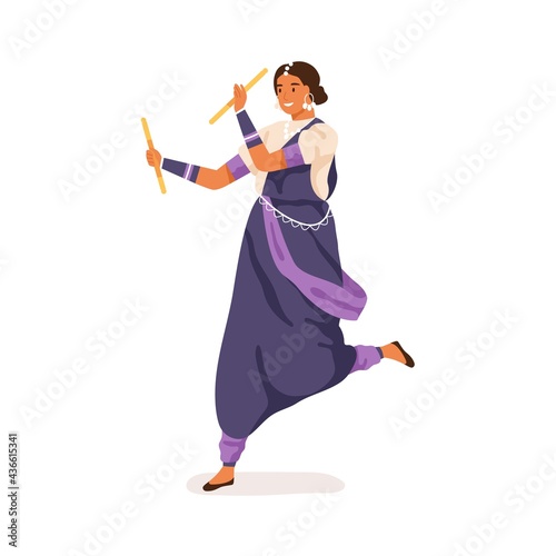 Young Indian woman performing traditional folk dance with sticks. Garba dancer dancing in ethnic clothes. Colored flat vector illustration of happy hindu lady isolated on white background