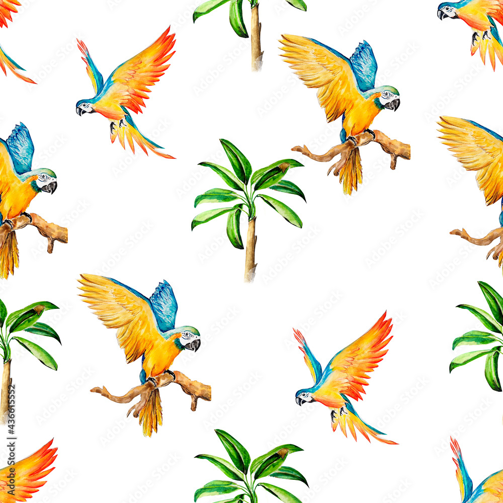 Obraz premium Watercolor drawing of exotic parrot seamless pattern.
