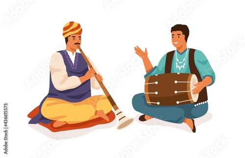 Indian street musicians playing shehnai and dholak drum. Happy men performing traditional folk music on national instruments of India. Colored flat vector illustration isolated on white background