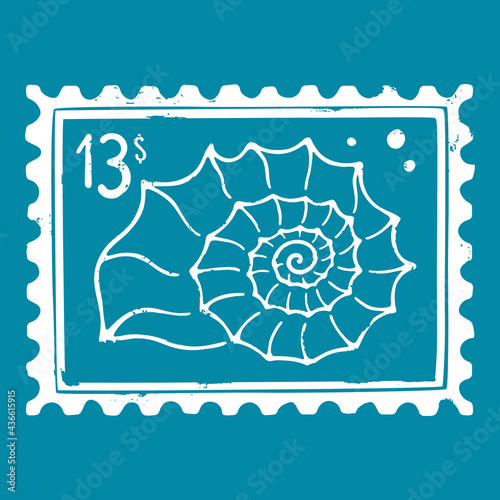 Cute blue sea post stamp face value of 13 dollars with a textured seashell. For decoration, design, and scrapbooking. Vector shabby hand drawn illustration