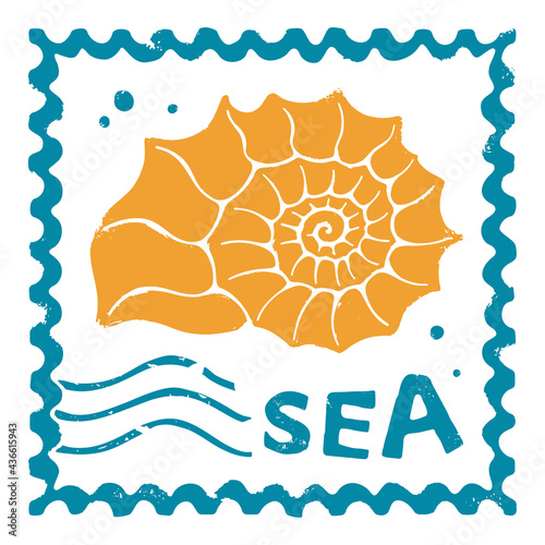 Cute sea post stamp face value of 13 dollars with a textured yellow seashell, waves and lettering "sea". For decoration, design, and scrapbooking. Vector shabby hand drawn illustration