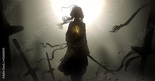 A young warrior girl with the golden palm of the Buddha stands on a battlefield dotted with swords, her hair and clothes swaying in the strong wind. 2d animated illustration with a clean loop.