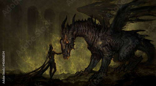 Dark queen with undead dragon - fantasy digital illustration