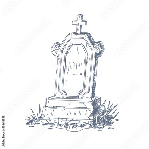 Canvas Print Old grave with upright gravestone and Christian cross