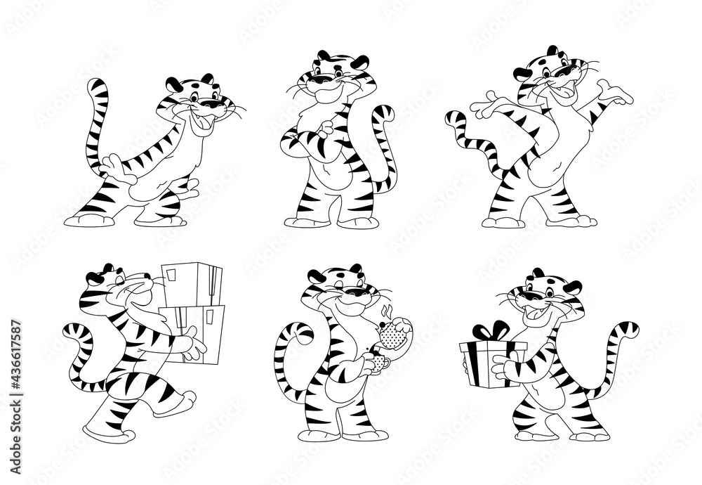 Fototapeta premium Vector collection of happy tiger character smile and greeting, deliver packages, drink coffee, carry gift box isolated. Cartoon outline doodle drawing illustration. For children coloring books.