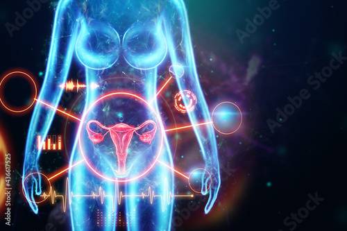 Hologram of the female organ of the uterus, diseases of the uterus and ovaries, menstrual pain. Medical examination, women's consultation, gynecology. 3D illustration, 3D render.