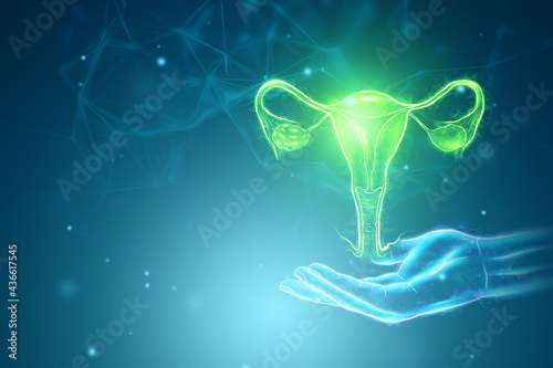 Hologram of the female organ of the uterus on a blue background. Ultrasound concept, gynecology, obstetrics, ovulation, pregnancy. 3D illustration, 3D render. photo