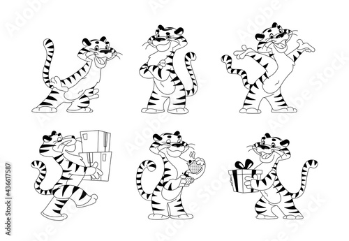 Vector collection of happy tiger character smile and greeting, deliver packages, drink coffee, carry gift box isolated. Cartoon outline doodle drawing illustration. For children coloring books.
