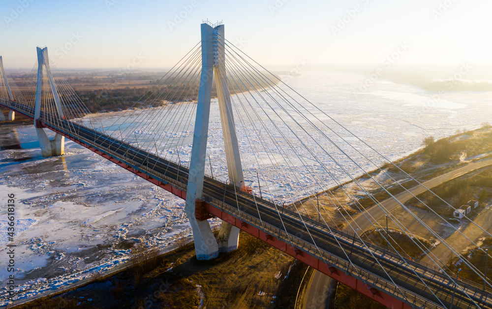 Obraz premium Aerial view of the cable-stayed Murom bridge over the Oka river. Russia