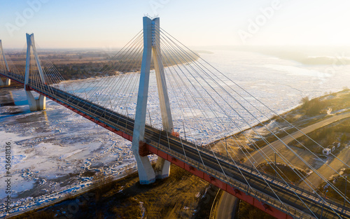 Aerial view of the cable-stayed Murom bridge over the Oka river. Russia © JackF