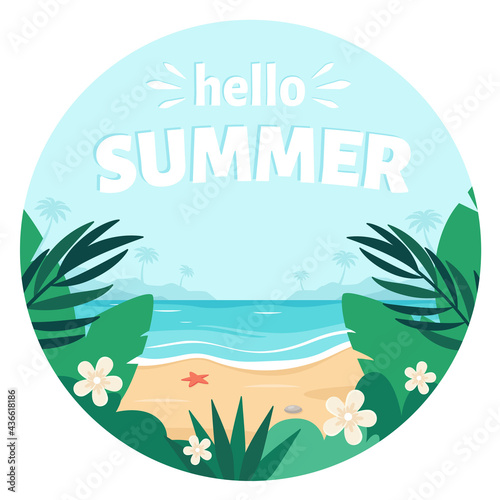 Sea sand beach. Hello summer. Seashore with palms, tropical plants and flowers. Vector illustration