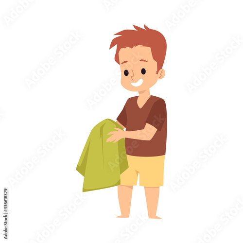 Smiling kid boy wipe clean hands with towel a flat cartoon vector illustration