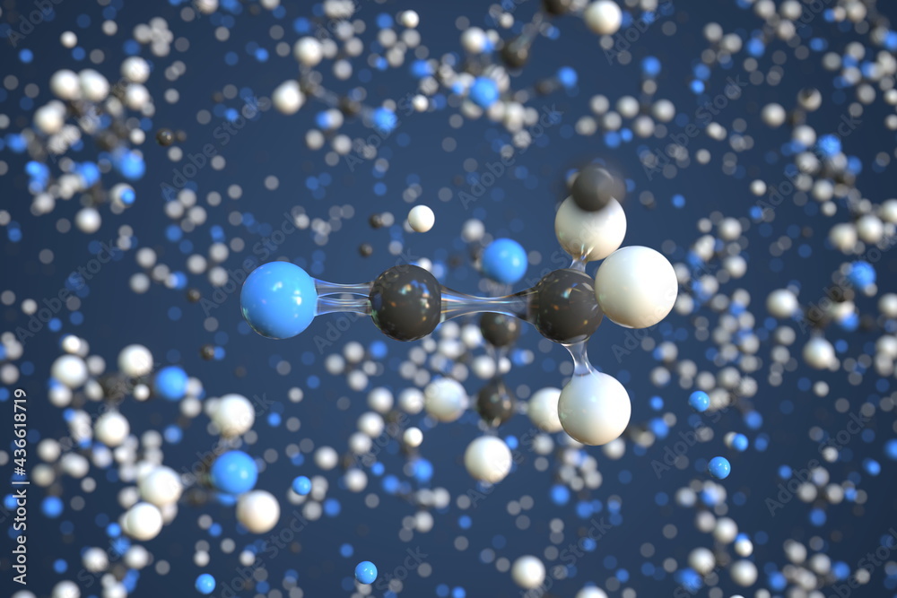 Molecule of acetonitrile, conceptual molecular model. Conceptual 3d rendering