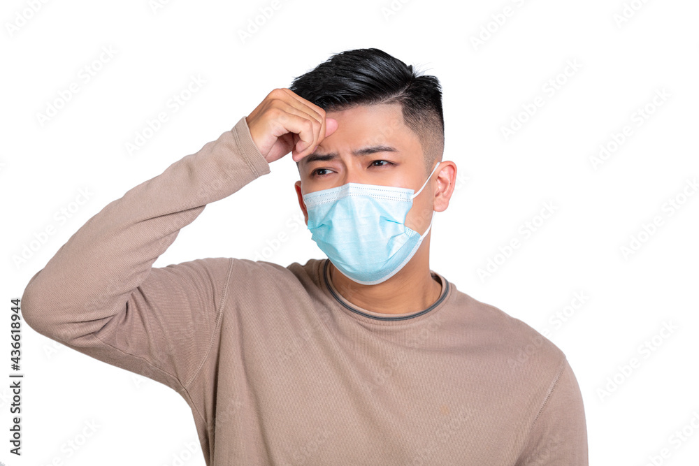 man wearing face mask feeling sick and got headache and fever Covid-19 pandemic man wearing face mask feeling sick and got headache and fever Covid-19 pandemic