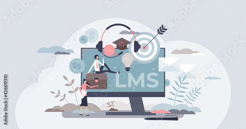 Learning management system or LMS as online education tiny person concept. Training and knowledge software application as skill practice qualification framework vector illustration. Online study scene