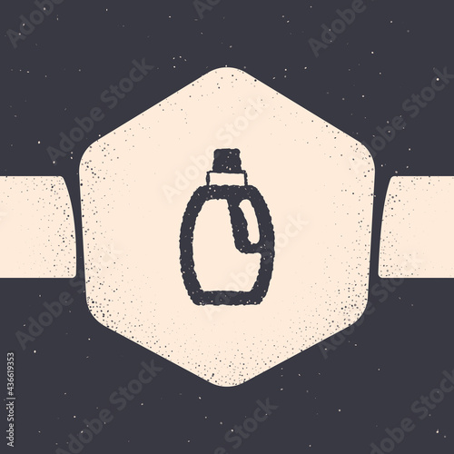 Grunge Plastic bottle for laundry detergent, bleach, dishwashing liquid or another cleaning agent icon isolated on grey background. Monochrome vintage drawing. Vector